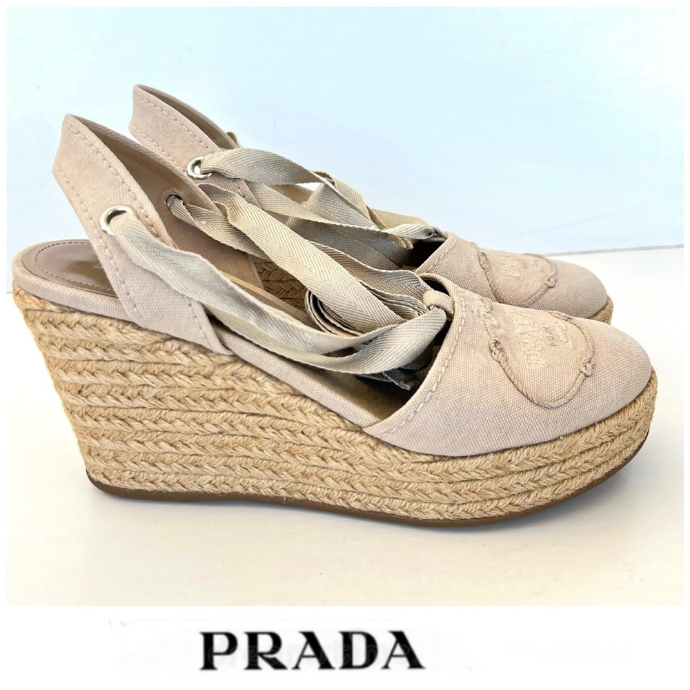 PRADA Beige Canvas Ankle Strap Lace Wrap Platform Wedges Sandal Espadrille Sz 38 - Picture 1 of 15